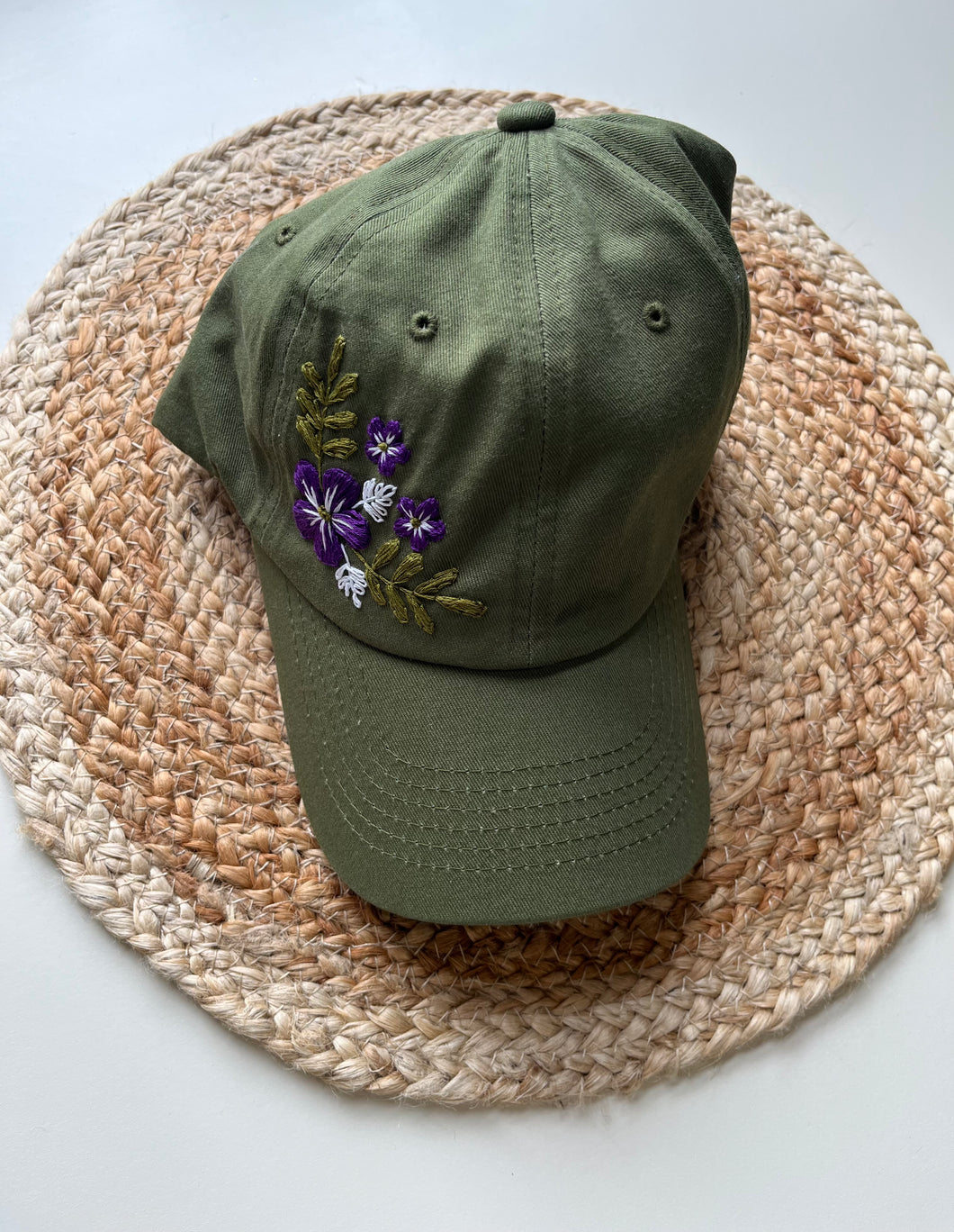 Floral Hat {Olive w/Purple, Light Lilac+ Olive Stitching}