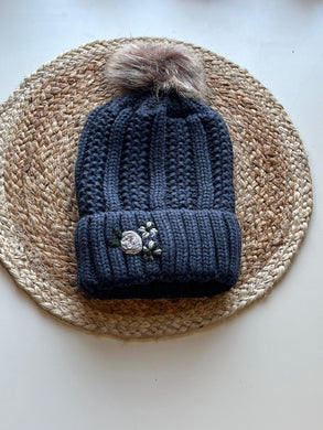 Gray Floral Beanie w/ Faux Fur Pom