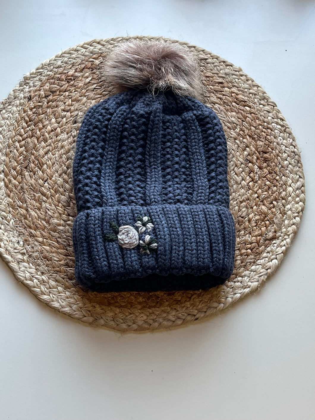 Gray Floral Beanie w/ Faux Fur Pom