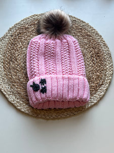 Pink Floral Beanie w/ Faux Fur Pom