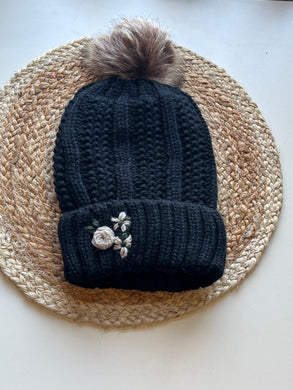 Black Floral Beanie w/ Faux Fur Pom