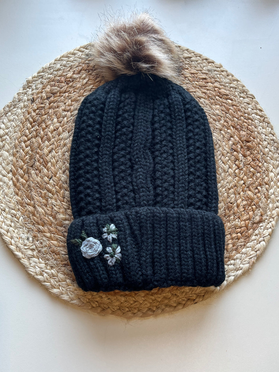 Black Floral Beanie w/ Faux Fur Pom