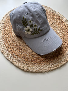 Floral Hat {Gray w/ Cream + Olive Stitching}