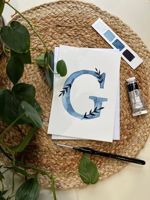 Hand-painted Watercolor Notecard Blue Monogram w/Ferns 5”x7”